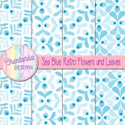 Free sea blue retro flowers and leaves digital papers