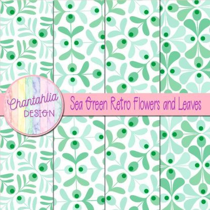 Free sea green retro flowers and leaves digital papers