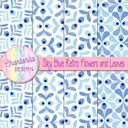 Free sky blue retro flowers and leaves digital papers