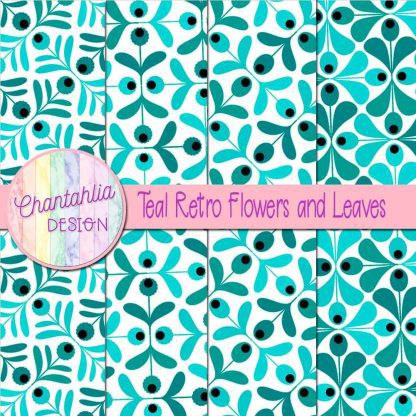 Free teal retro flowers and leaves digital papers