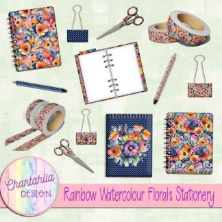 Free stationery design elements in a Rainbow Watercolour Florals theme