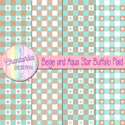 Free beige and aqua star buffalo plaid digital papers