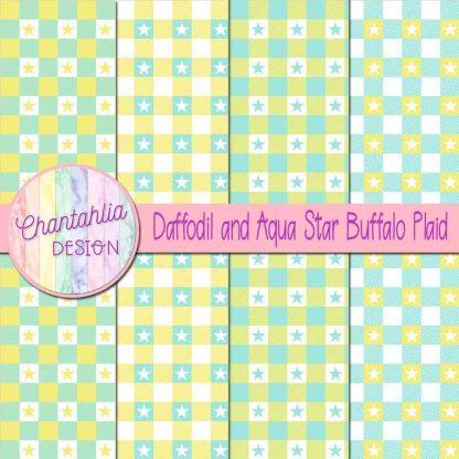 Free daffodil and aqua star buffalo plaid digital papers