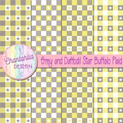 Free grey and daffodil star buffalo plaid digital papers