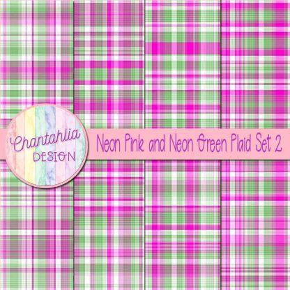 Free neon pink and neon green plaid digital papers set 2