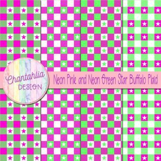 Free neon pink and neon green star buffalo plaid digital papers