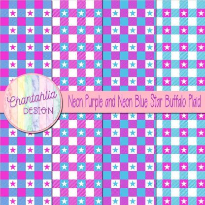 Free neon purple and neon blue star buffalo plaid digital papers