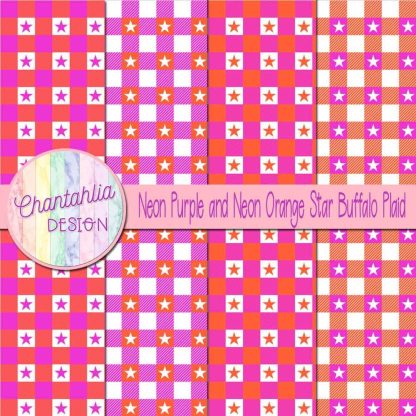 Free neon purple and neon orange star buffalo plaid digital papers