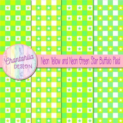 Free neon yellow and neon green star buffalo plaid digital papers