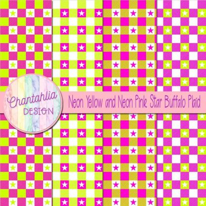 Free neon yellow and neon pink star buffalo plaid digital papers
