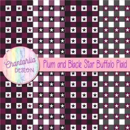 Free plum and black star buffalo plaid digital papers