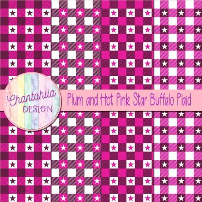 Free plum and hot pink star buffalo plaid digital papers