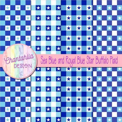 Free sea blue and royal blue star buffalo plaid digital papers