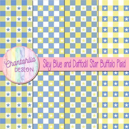 Free sky blue and daffodil star buffalo plaid digital papers