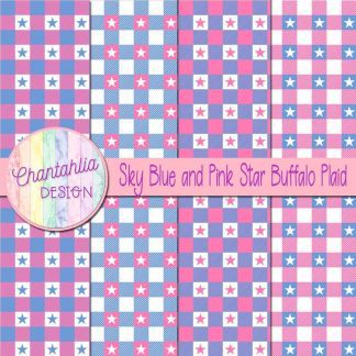 Free sky blue and pink star buffalo plaid digital papers