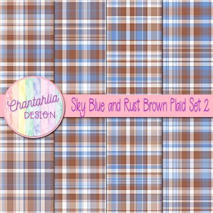 Free sky blue and rust brown plaid digital papers set 2