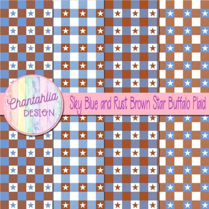 Free sky blue and rust brown star buffalo plaid digital papers
