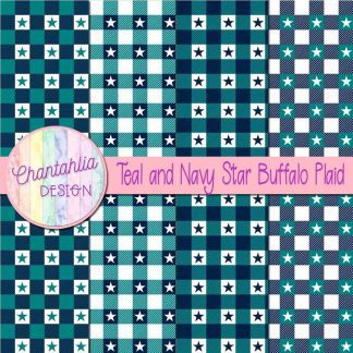 Free teal and navy star buffalo plaid digital papers