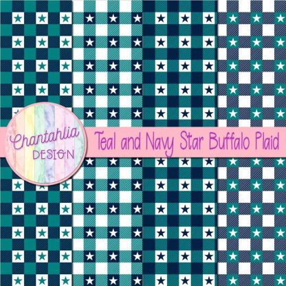 Free teal and navy star buffalo plaid digital papers