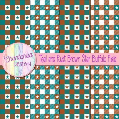 Free teal and rust brown star buffalo plaid digital papers