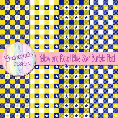 Free yellow and royal blue star buffalo plaid digital papers