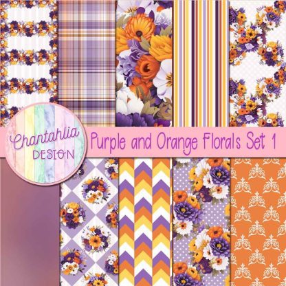 Free digital papers in a Purple and Orange Florals theme