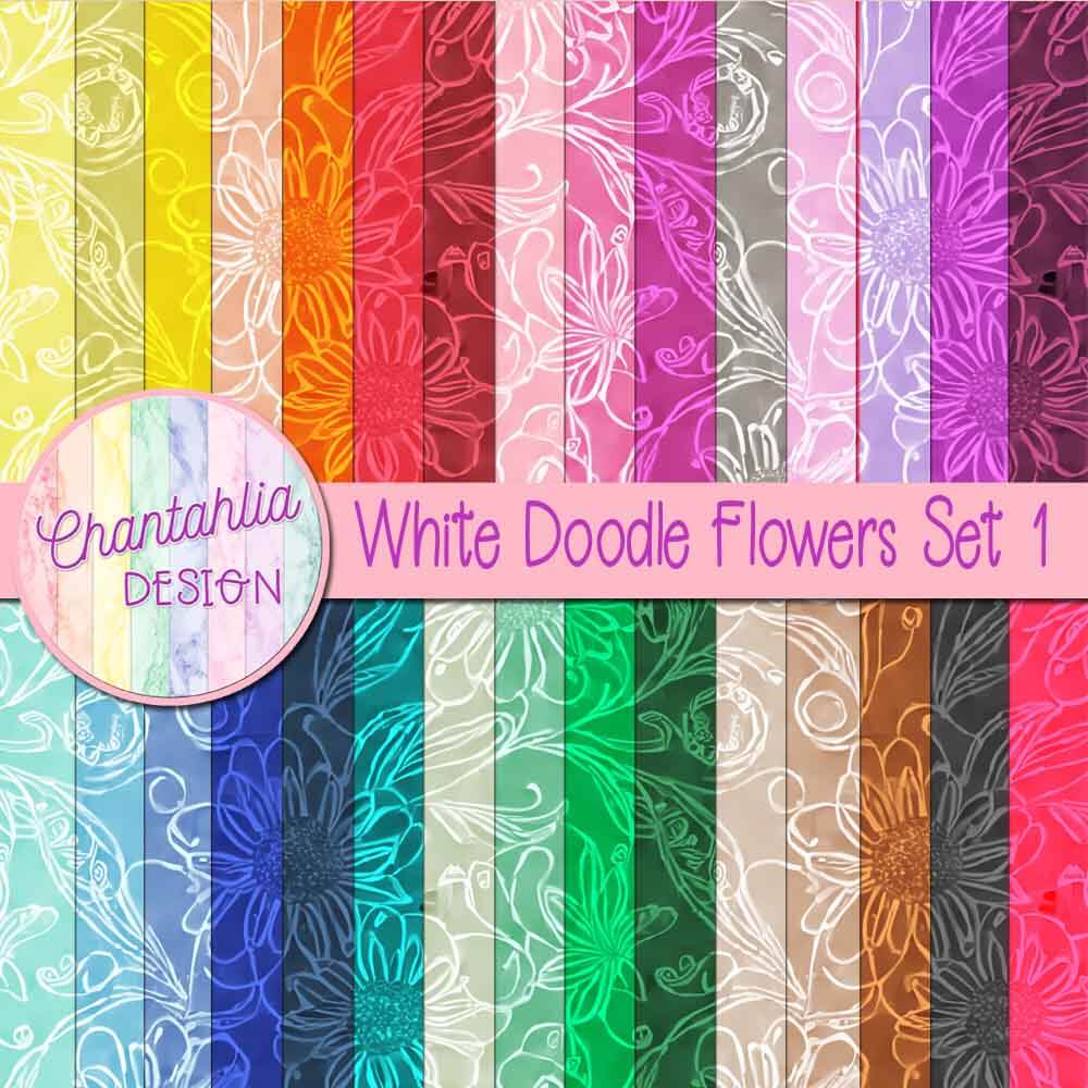Free digital papers featuring a white doodle flowers design