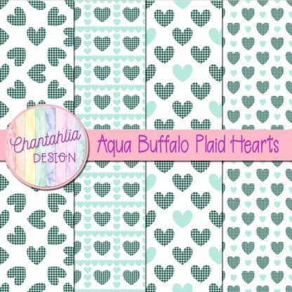 Free aqua buffalo plaid hearts digital papers