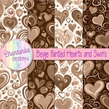 Free beige painted hearts and swirls digital papers