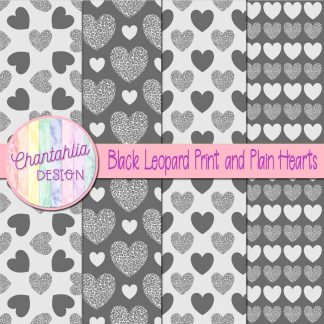 Free black leopard print and plain hearts digital papers