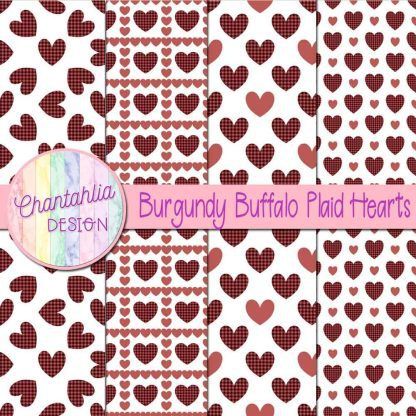 Free burgundy buffalo plaid hearts digital papers