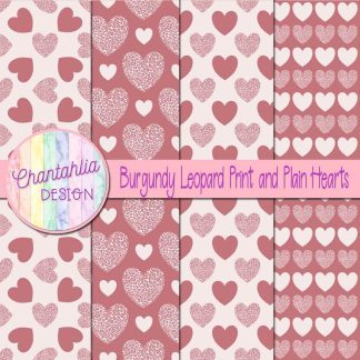 Free burgundy leopard print and plain hearts digital papers