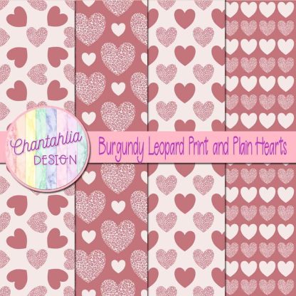 Free burgundy leopard print and plain hearts digital papers