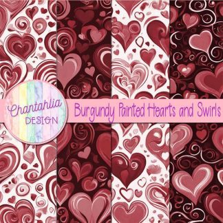 Free burgundy painted hearts and swirls digital papers