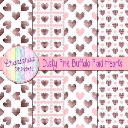 Free dusty pink buffalo plaid hearts digital papers