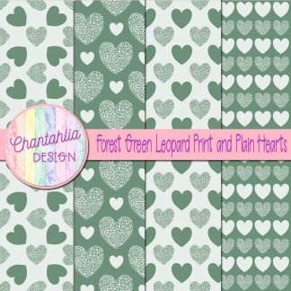Free forest green leopard print and plain hearts digital papers