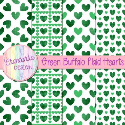 Free green buffalo plaid hearts digital papers