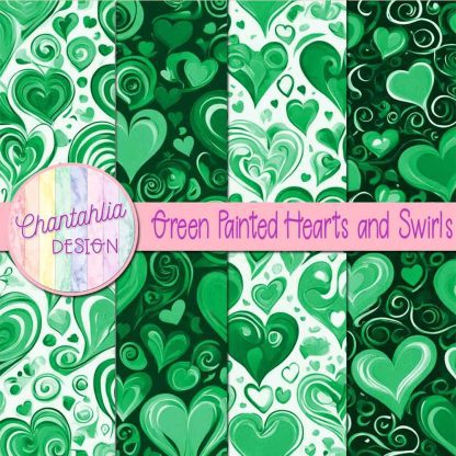 Free green painted hearts and swirls digital papers