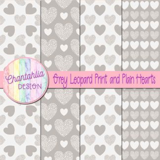 Free grey leopard print and plain hearts digital papers