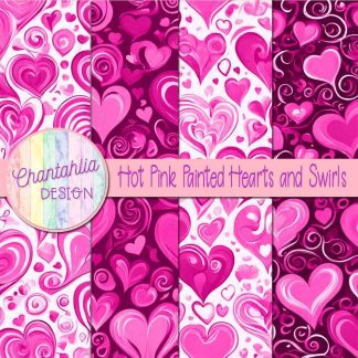Free hot pink painted hearts and swirls digital papers