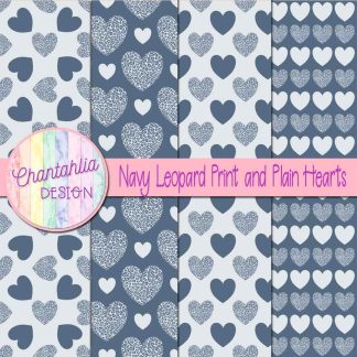 Free navy leopard print and plain hearts digital papers