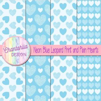Free neon blue leopard print and plain hearts digital papers