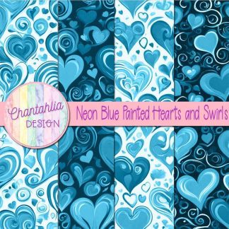 Free neon blue painted hearts and swirls digital papers