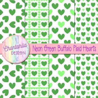 Free neon green buffalo plaid hearts digital papers