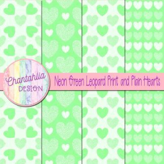 Free neon green leopard print and plain hearts digital papers