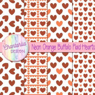 Free neon orange buffalo plaid hearts digital papers