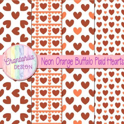 Free neon orange buffalo plaid hearts digital papers