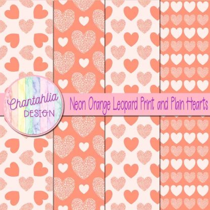 Free neon orange leopard print and plain hearts digital papers