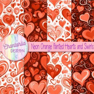 Free neon orange painted hearts and swirls digital papers
