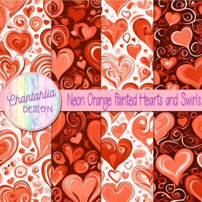 Free neon orange painted hearts and swirls digital papers